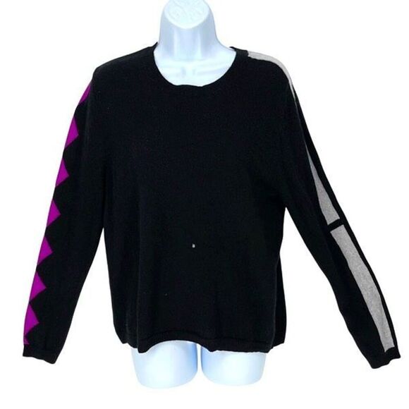 Lisa Todd Womens Cashmere Neon Orange Pink Zigzag Crew Neck‎ Sweater Black Sz XL - Picture 1 of 9
